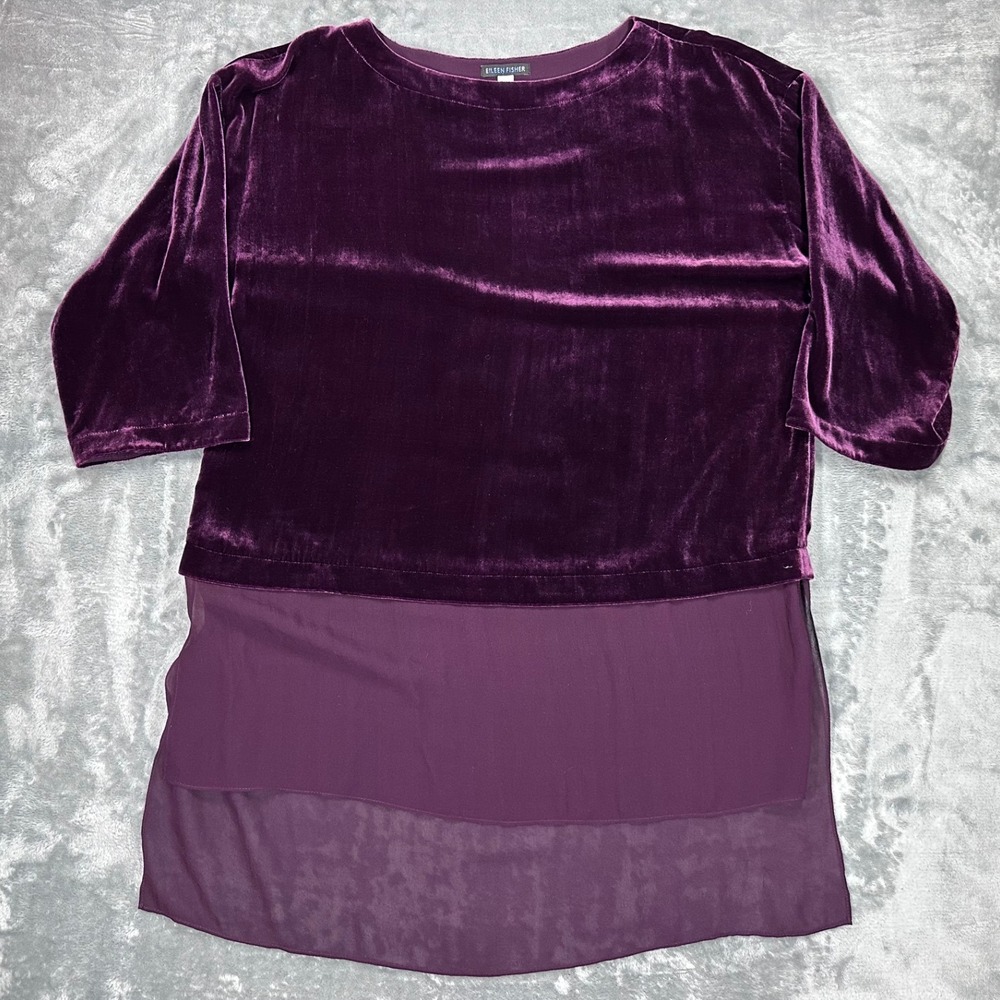Eileen Fisher Purple Silk Blend Velvet Layered Chiffon‎ Hem Tunic Top Small